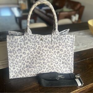 Quilted Koala Grey Leopard Print Canvas Tote Bag with Removable Black Strap EUC